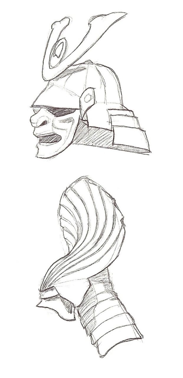 Weltall's helmet somewhat resembled a samurai mask, so I did a couple of sketches to point my mind in that direction