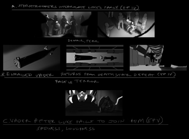 Some Thumbnails of various ideas I had for the Moment keyframe.